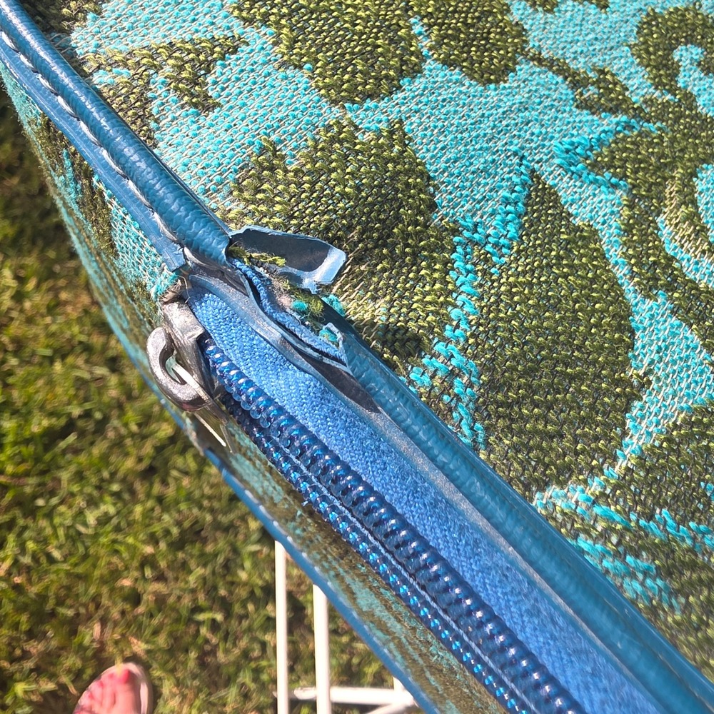 Vintage Tapestry Suitcase Turquoise Green Floral Damask Mid Century Travel Bag - Picture 4 of 8